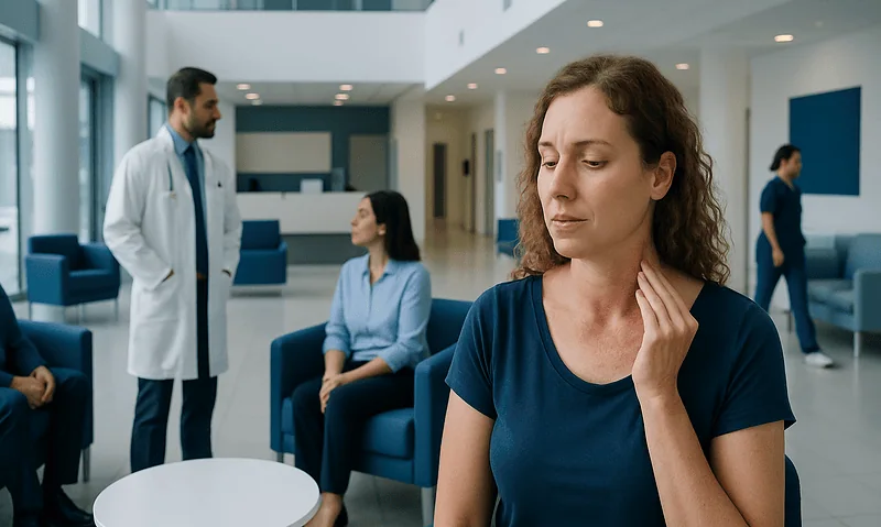 Woman experiencing neck discomfort in a hospital waiting area.