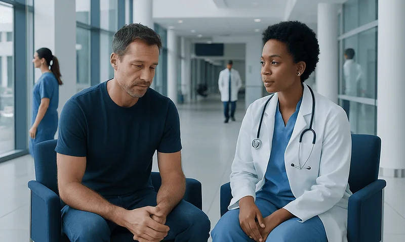 Doctor consulting with male patient in hospital corridor.