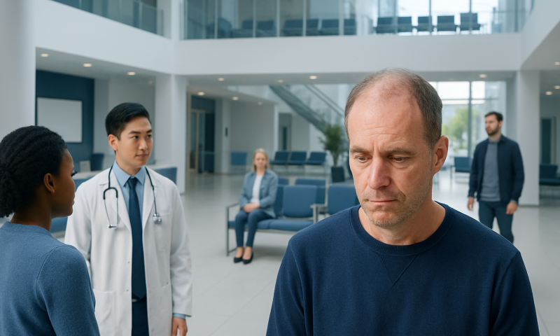 Patient in hospital lobby with medical staff and visitors.
