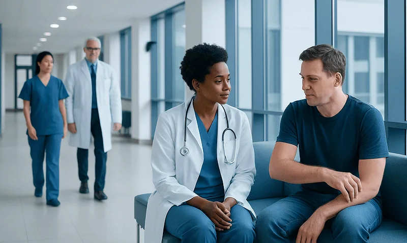 Doctor consulting patient in hospital corridor with medical staff in background.