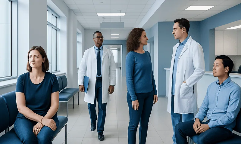Medical consultation in a hospital corridor with diverse healthcare professionals and patients.