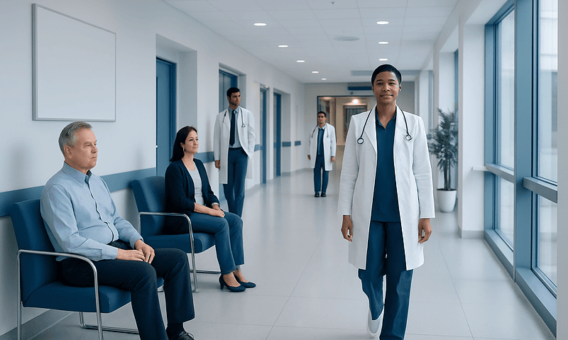 Diverse medical team in hospital corridor with patient and staff.