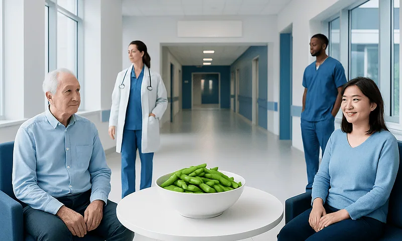 Patients and medical staff in a hospital corridor with a bowl of edamame on a table.