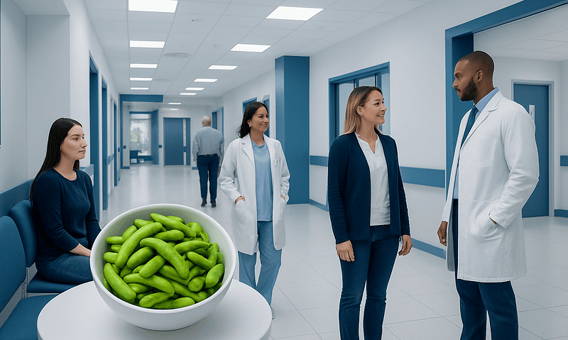 Healthcare professionals in hospital corridor with bowl of edamame beans.