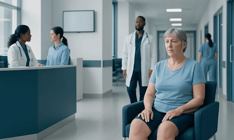 Elderly woman waiting in hospital corridor with medical staff nearby.