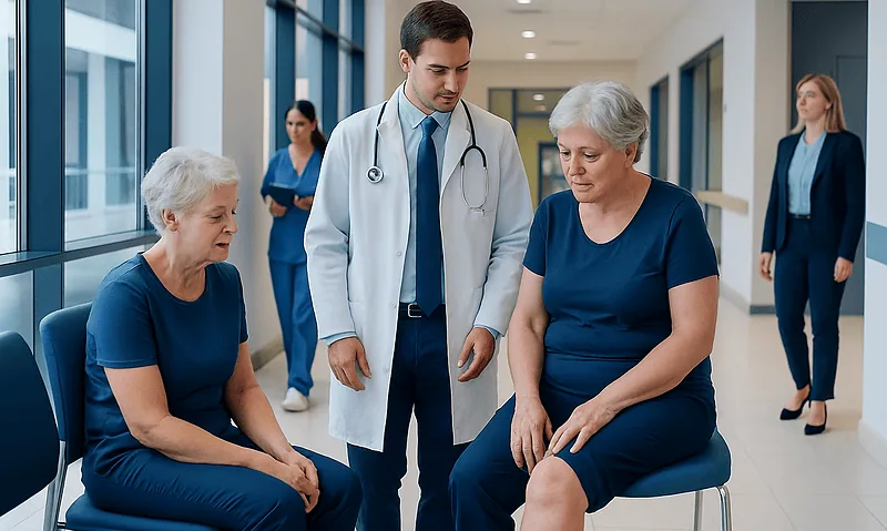 Doctor consulting with elderly patients in hospital corridor.
