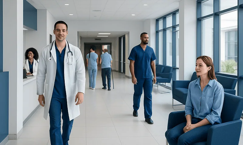 Healthcare professionals and patients in a modern hospital corridor.