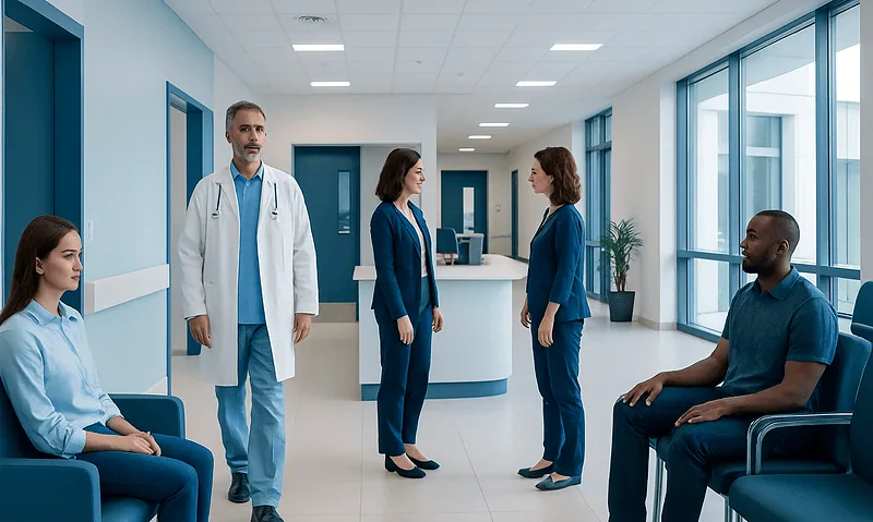 Medical team consulting patients in a modern hospital corridor.