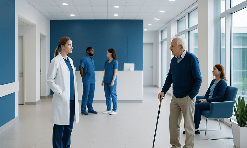 Senior man with cane talking to healthcare professional in hospital lobby.