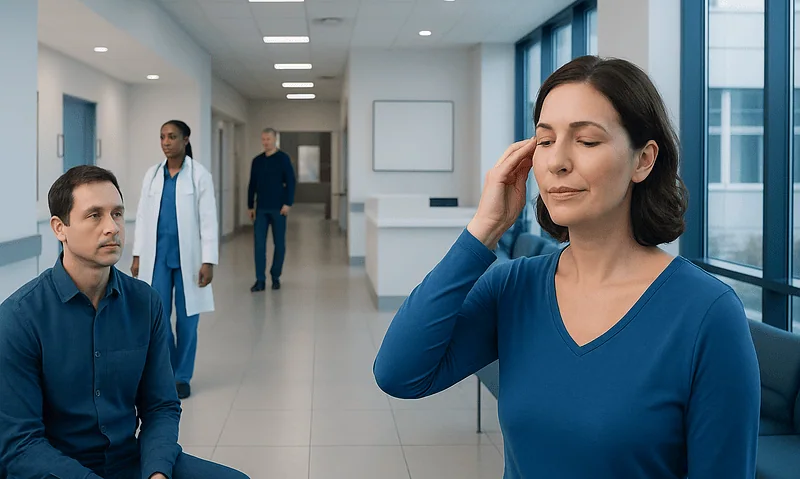 Woman experiencing headache in hospital corridor with medical staff nearby.