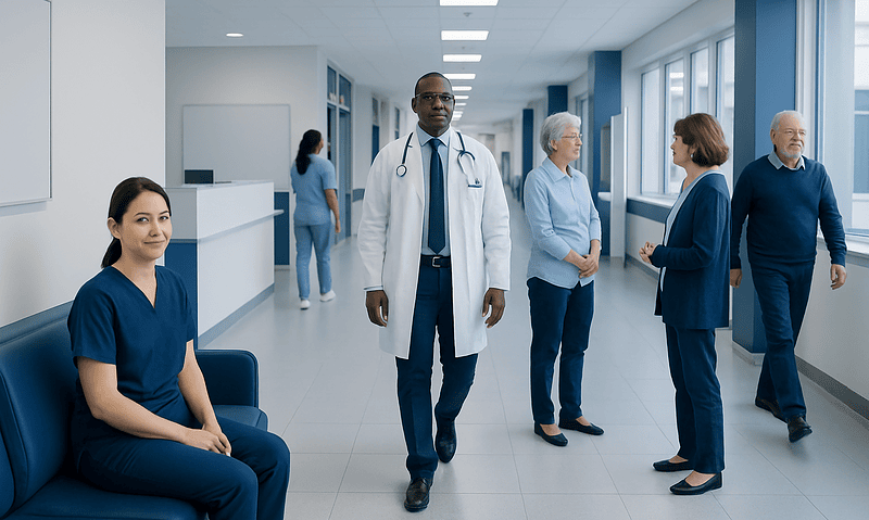 Healthcare professionals and patients in a modern hospital corridor.