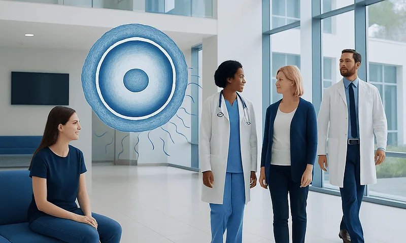 Medical professionals discuss fertility treatment with a patient in a modern hospital.