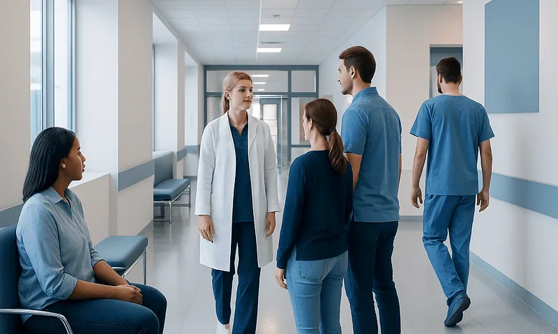 Medical team consulting with patients in hospital corridor.