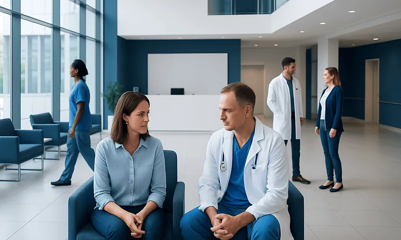 Doctor consulting patient in modern hospital lobby with staff in background.