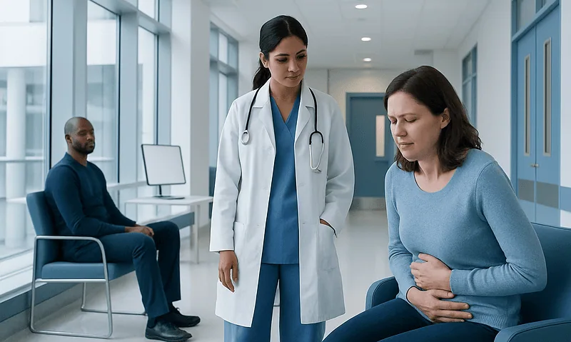 Doctor consulting a patient with abdominal pain in a hospital corridor.