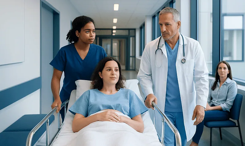 Doctor and nurses with patient in hospital corridor during IVF treatment.
