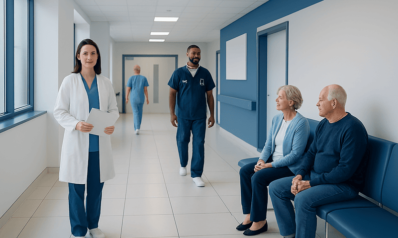 Healthcare professionals and elderly patients in a hospital corridor.