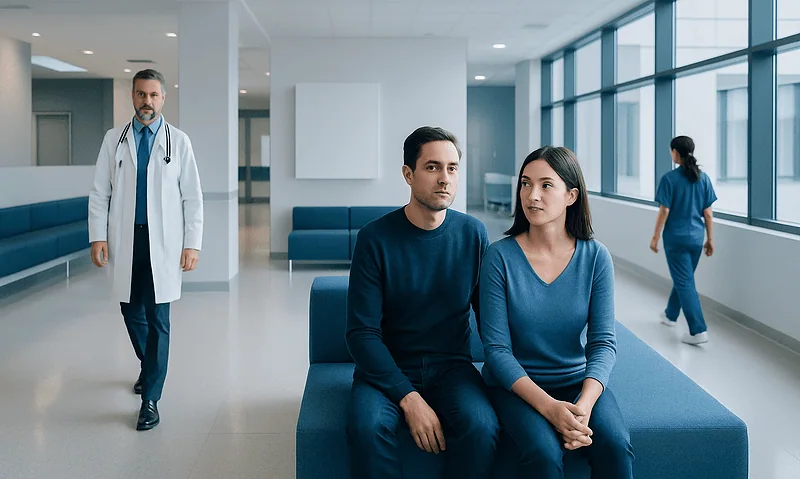 Patients waiting in a hospital corridor with medical staff nearby.