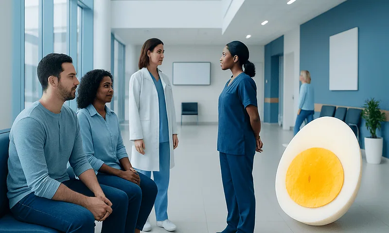 Medical professionals discussing health topics in a hospital corridor.