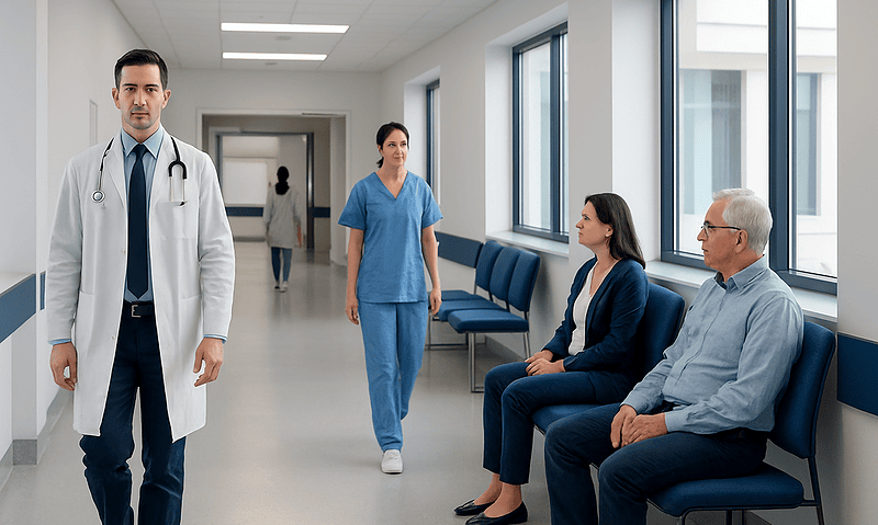 Medical professionals and patients in a hospital corridor at Acibadem Hospitals Group.
