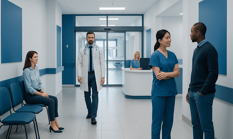 Medical staff and patients in a modern hospital corridor.