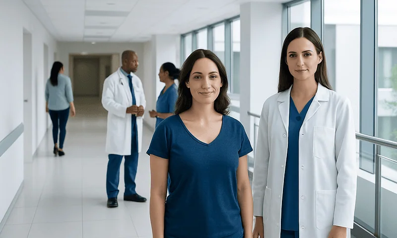 Medical professionals in a hospital corridor with large windows and natural light.