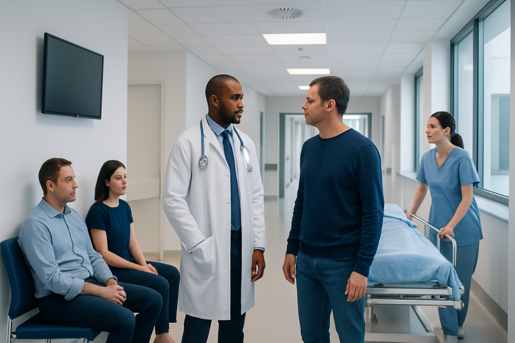 Ejaculation — Explained by Medical Evidence, Not Myths 1 Doctor consulting male patient in hospital corridor with staff and bed in background.