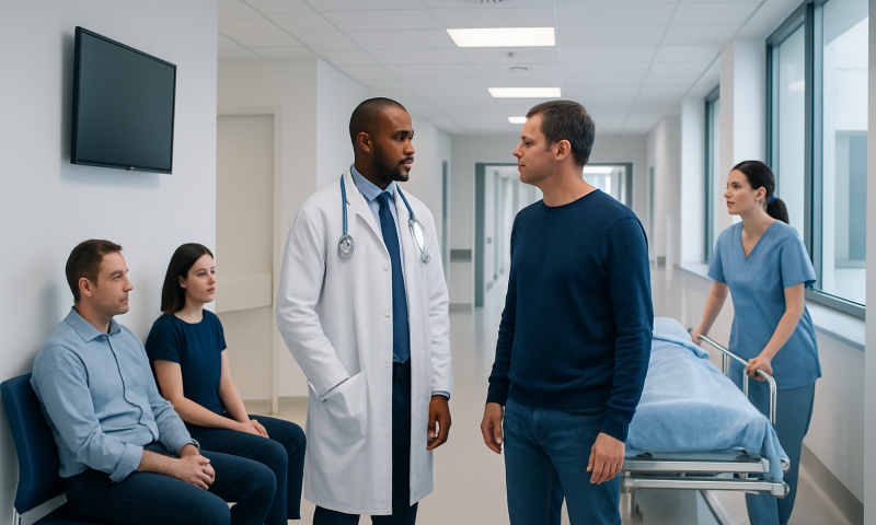 Doctor consulting male patient in hospital corridor with staff and bed in background.