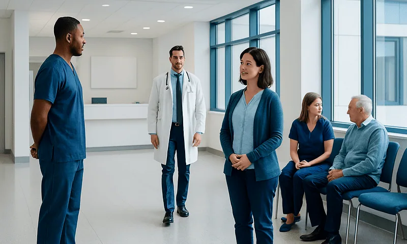 Medical professionals and patients in a hospital waiting area.