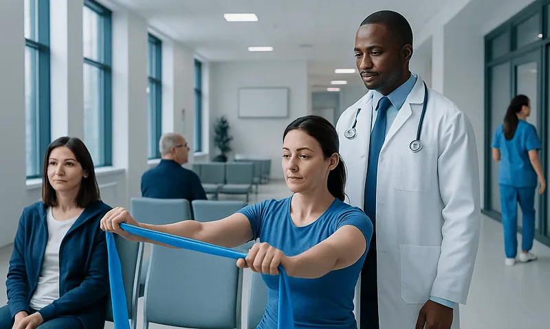 Patient performing resistance band exercise with medical supervision in hospital.