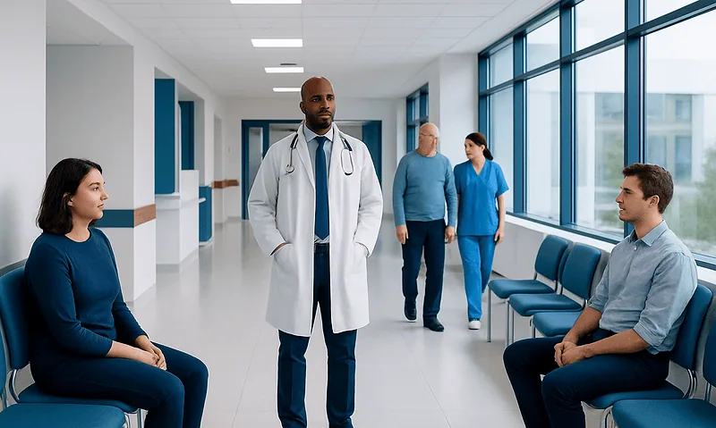 Medical consultation in hospital corridor with doctor and patients.