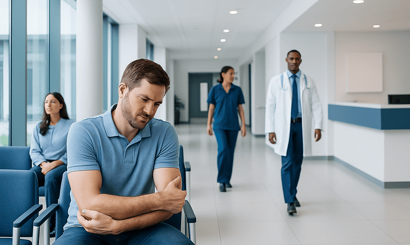 Patient experiencing elbow pain in a hospital waiting area.