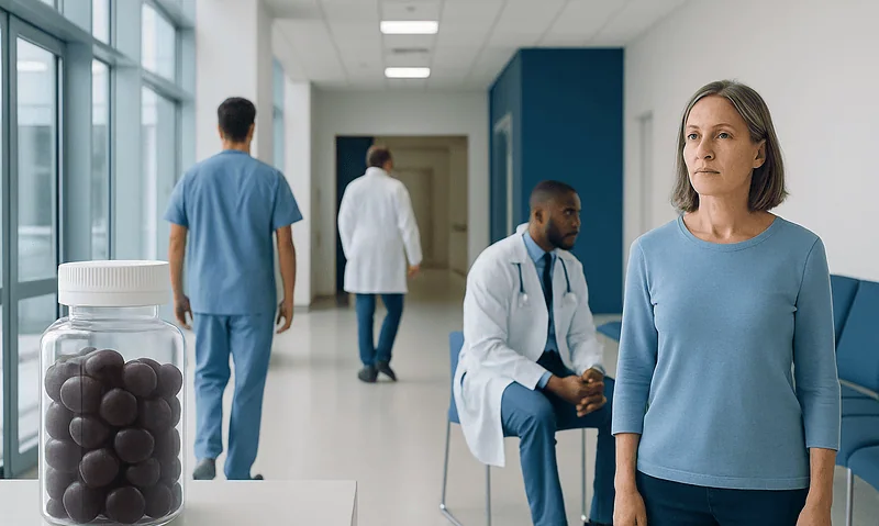 Medical clinic with patients and healthcare professionals in a modern hospital corridor.