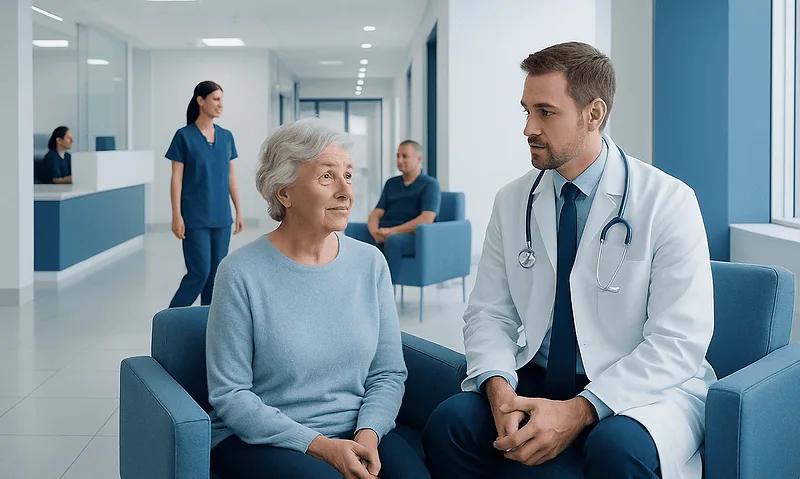 Doctor consulting with elderly woman in hospital waiting area.