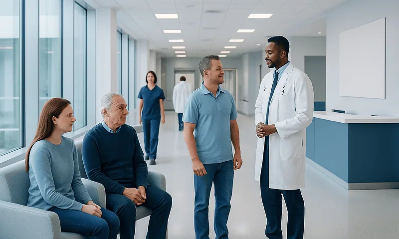 Medical consultation in a modern hospital corridor with diverse patients and doctor.