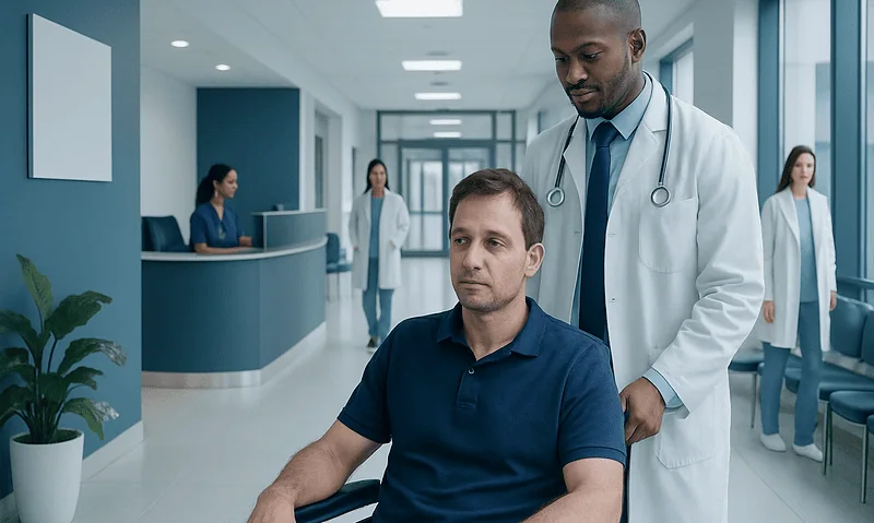 Doctor examining a patient in a hospital corridor at Acibadem Hospitals Group.