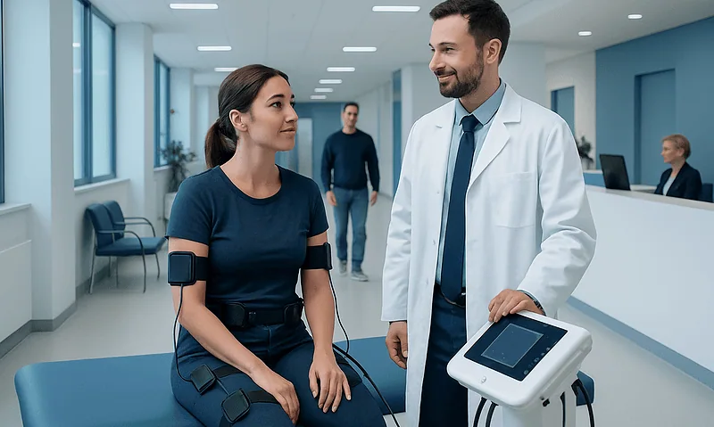 Doctor explains electrical muscle stimulation to a patient in a hospital corridor.