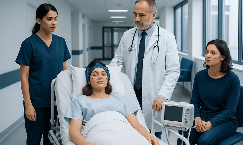Medical team monitoring patient before electroconvulsive therapy in hospital.