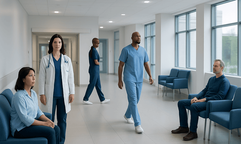 Medical team in hospital corridor with patient in waiting area.