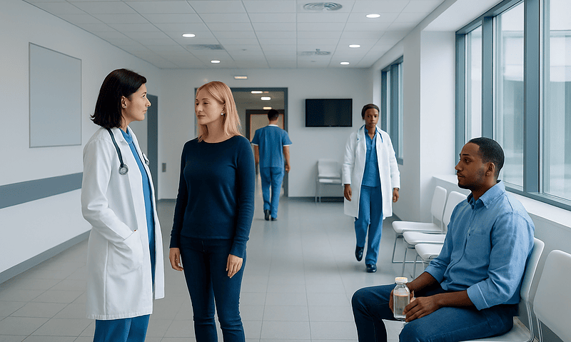 Medical staff and patient in hospital corridor at Acibadem Hospitals Group.