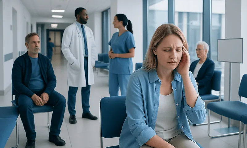 Patient experiencing headache in hospital waiting area with medical staff nearby.