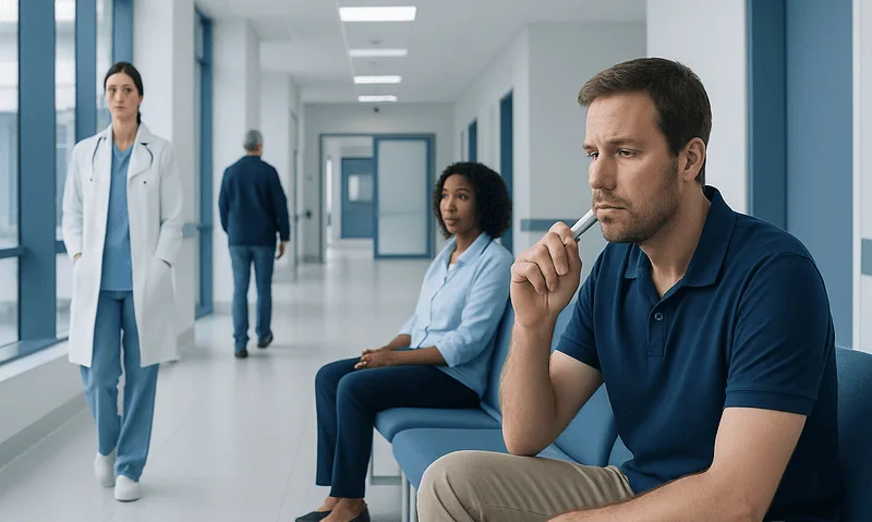 Patient waiting in hospital corridor with medical staff nearby.