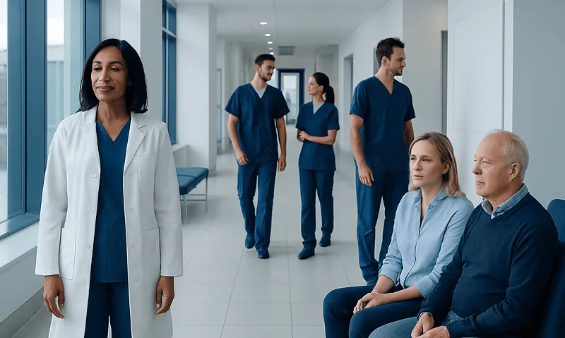 Medical team in hospital corridor with doctor and patients.