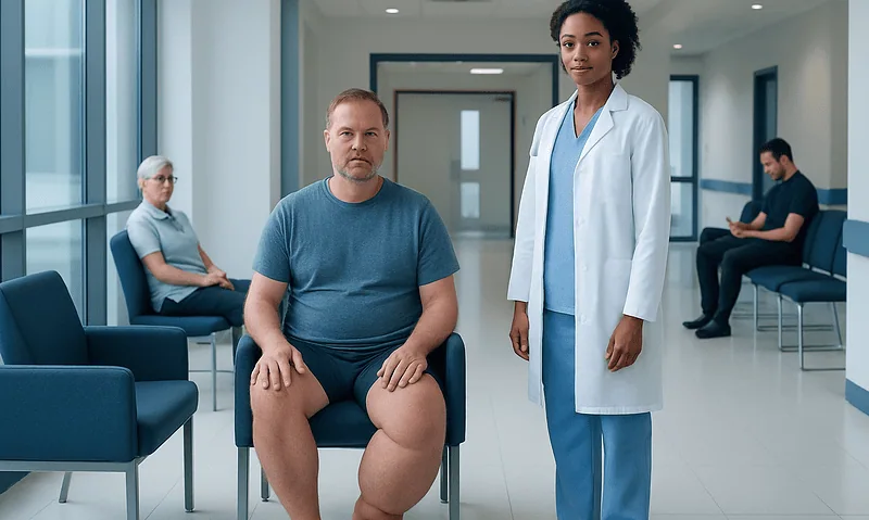 Elephantiasis: An Evidence-Based Guide for Patients 11 Patient waiting in hospital corridor with healthcare professional nearby.