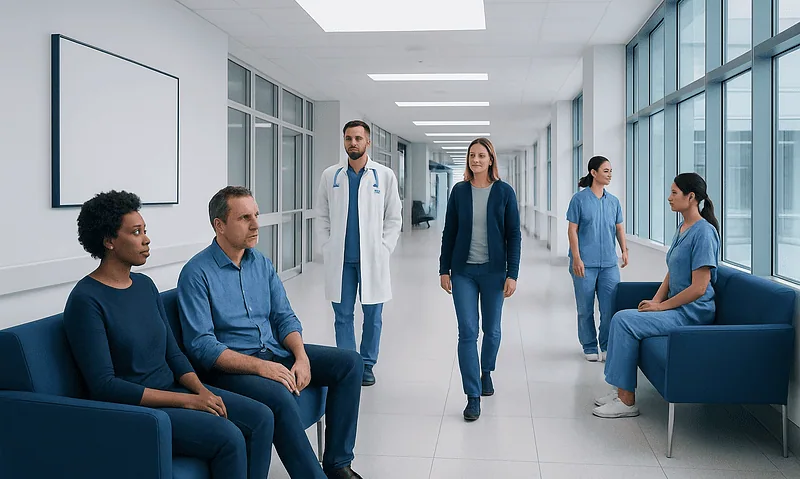 Medical consultation in a modern hospital corridor with diverse healthcare professionals.