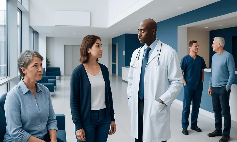 Doctor consulting with patients in a hospital lobby.