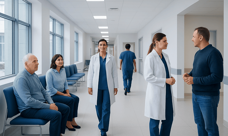 Medical professionals and patients in a hospital corridor at Acibadem Hospitals Group.