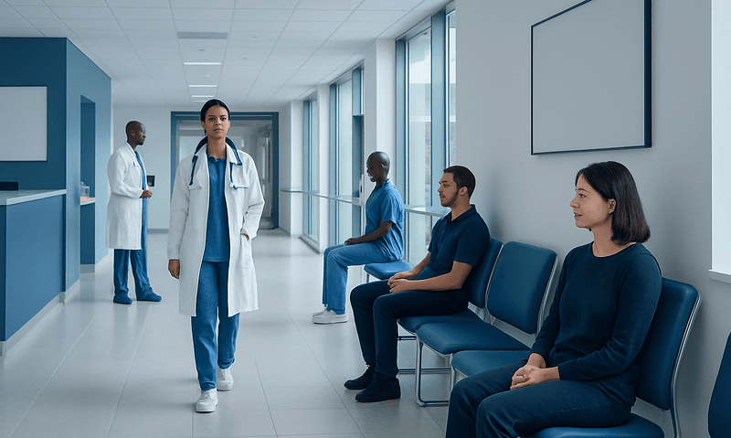 Medical staff and patients in a hospital corridor at Acibadem Hospitals Group.