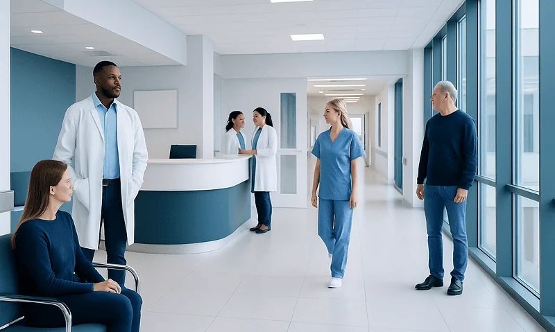 Healthcare professionals and patients in a modern hospital corridor.