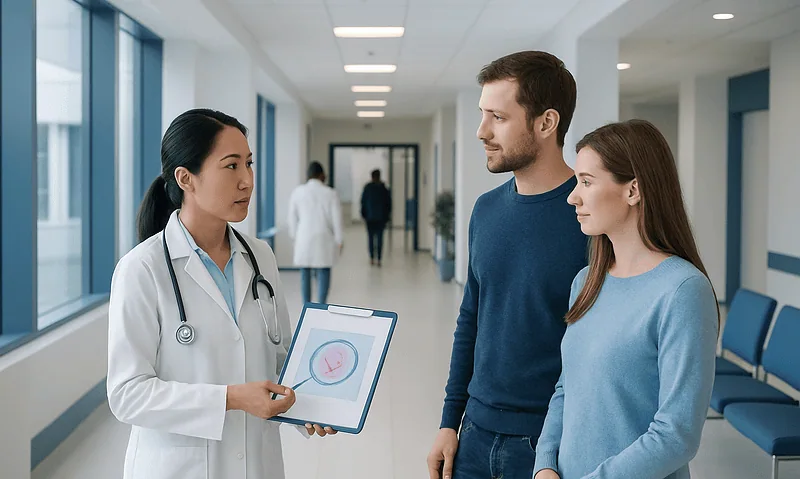 Doctor explaining embryo process to couple in hospital corridor.